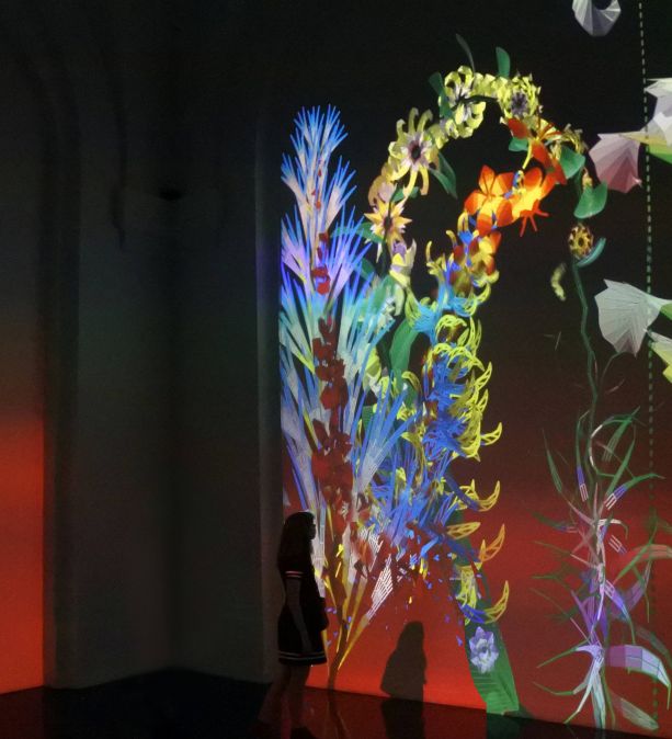 Woman standing dark room looking at a wall with flower projections.