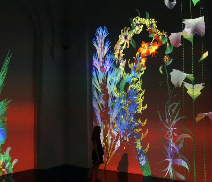 Woman standing dark room looking at a wall with flower projections.