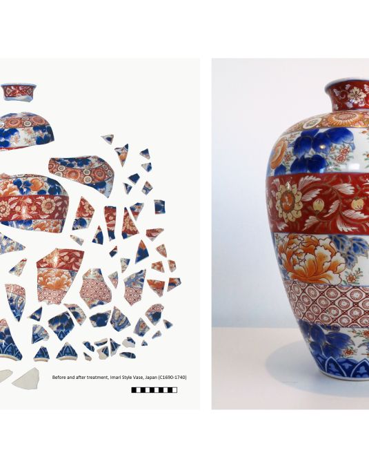 One side of the image shows scattered fragments of a broken vase. The right side of the image shows the repaired vase now in one piece. 