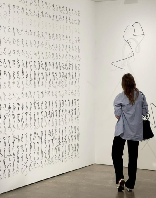 Figure standing in front of artwork.