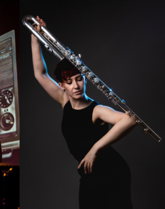 Two images of Fellows. One performing on stage with xylophone and another posing with large flute.