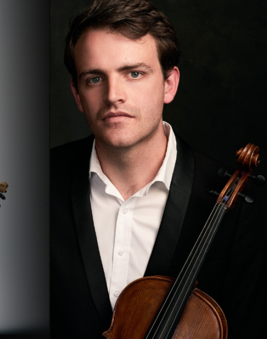 Two images of Fellows, one woman against white backdrop holding violin and one man against black backdrop holding viola.