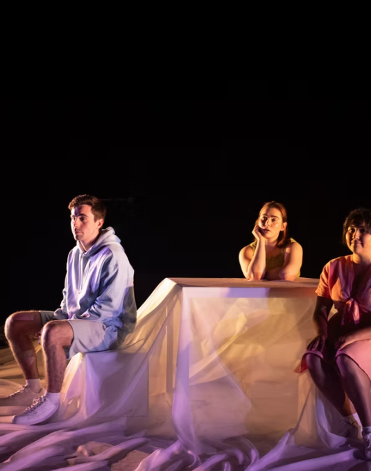 Four people sitting down surrounding white cloth table as part of theatre performance. 