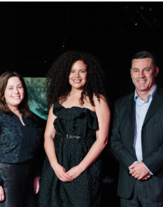 Arts Program Manager Louise Joel, Ian Potter Moving Image Commission awardee Angela Tiatia and Chief Executive Officer Paul Conroy. Image credit: Phoebe Powell.